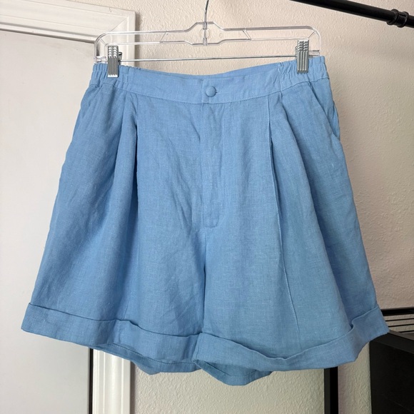 SLEEPER blue linen chambray high rise pleated front cuffed Bermuda shorts - Picture 1 of 7